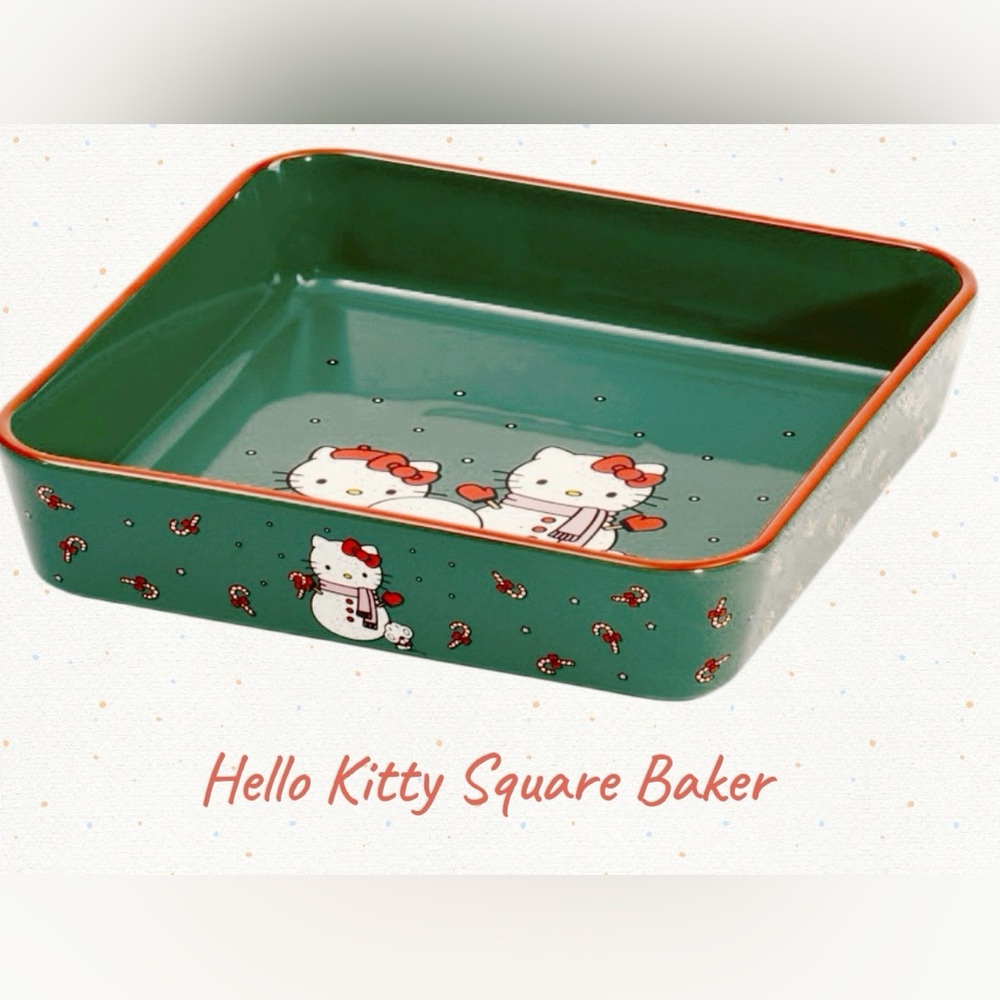 "HELLO KITTY" Christmas Themed Snowman Square Baker 9”x 9” Green /Red Trim NEW